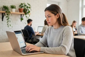 Femme professionnelle composant un e-mail sur son ordinateur portable dans un bureau moderne, illustration de l'e-mailing en entreprise