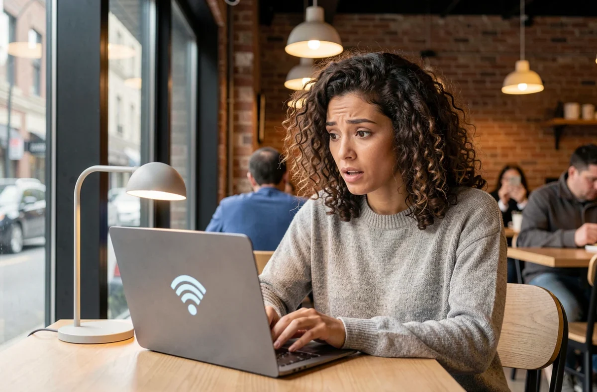 Femme utilisant une connexion Li-Fi dans un café moderne comme alternative au Wi-Fi