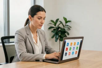 Femme professionnelle utilisant un convertisseur PDF sur son ordinateur portable dans un bureau moderne