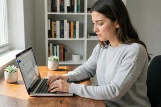Femme qui compose un email marketing gratuitement sur son ordinateur portable dans un bureau à domicile moderne