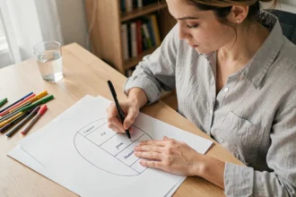 Femme dessinant un tableau à 3 colonnes sur papier quadrillé à son bureau en bois