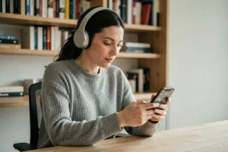 Femme écoutant un podcast populaire avec un casque sans fil dans un bureau moderne