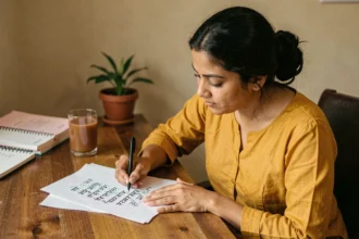 Femme écrivant des caractères hindi en écriture manuscrite sur papier, conversion en texte numérique
