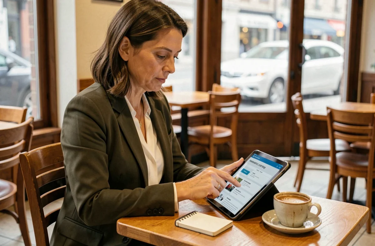 Femme entrepreneur configurant une campagne emailing gratuite sur tablette dans un café urbain
