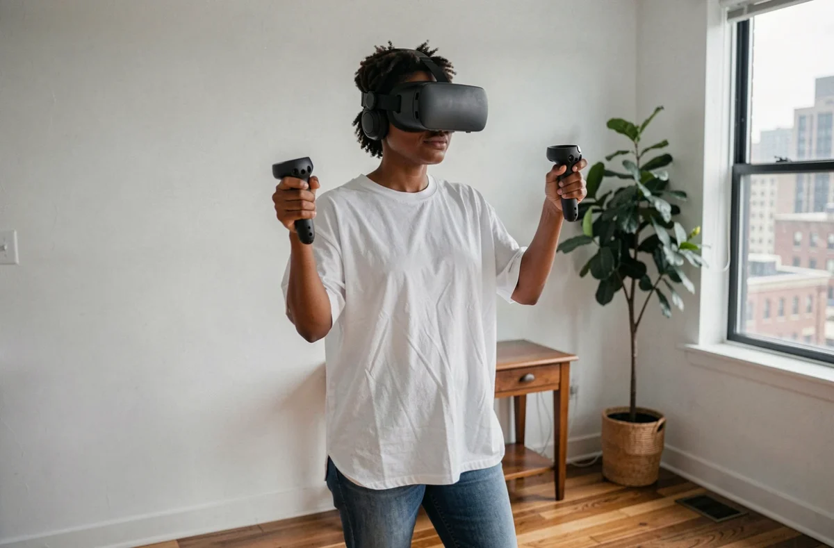 Femme utilisant un casque de réalité virtuelle autonome dans un appartement urbain, représentant l'expérience utilisateur attendue du Quest 4