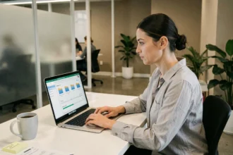 Femme travaillant sur un ordinateur portable affichant une interface Google Drive dans un bureau moderne