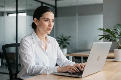 Femme utilisant une intelligence artificielle de Google sur son ordinateur portable dans un bureau moderne