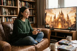 Jeune femme jouant à Hogwarts Legacy sur sa télévision dans un salon cosy décoré de livres et figurines