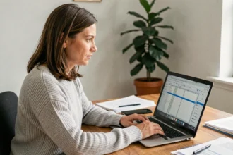 Femme utilisant LibreOffice Calc pour ouvrir un fichier Excel sur son ordinateur portable dans un bureau à domicile