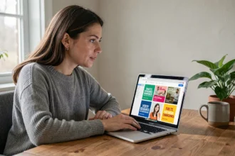 Femme naviguant sur un site web avec des publicités affichées dans le navigateur sur un ordinateur portable
