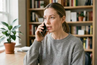 Femme utilisant la recherche vocale sur son smartphone dans un bureau à domicile