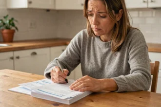 Femme consultant ses documents de remboursement santé et calculant son reste à charge à la maison