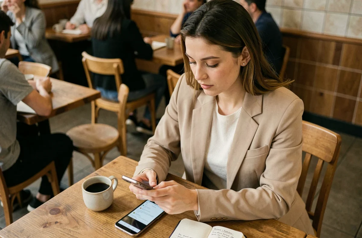 Femme consultant son Samsung Galaxy dans un café pour choisir le meilleur modèle recommandé