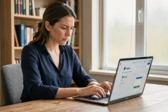 Femme utilisant PayPal sur son ordinateur portable dans un bureau à domicile, vérifiant la sécurité de ses transactions en ligne