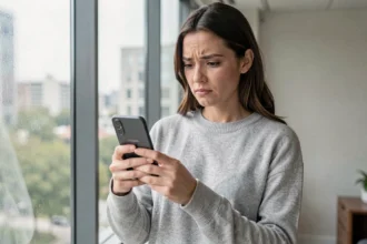Femme tenant un smartphone Samsung Galaxy en regardant l'écran avec une expression interrogative sur Galaxy AI gratuit