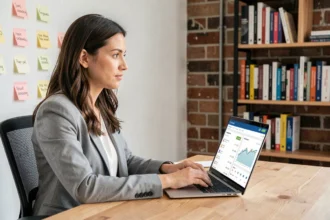 Femme professionnelle travaillant sur une stratégie SEO devant un tableau de bord analytique sur ordinateur portable
