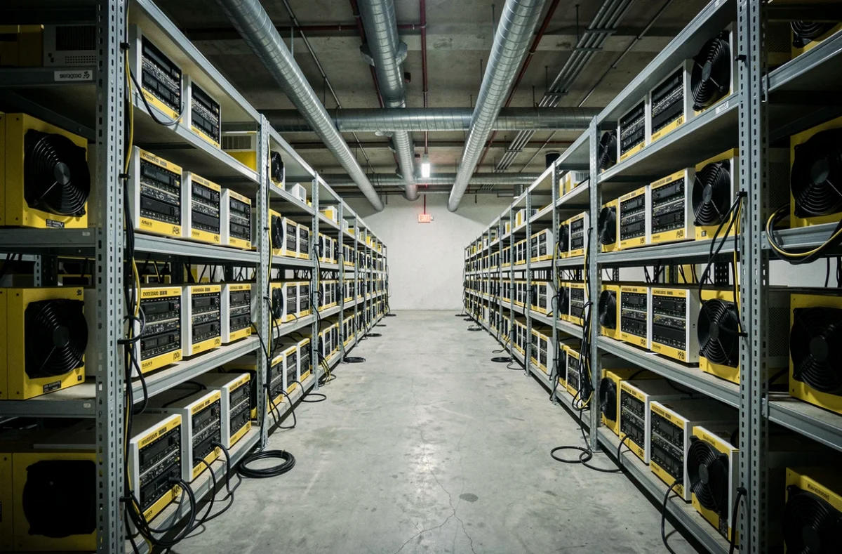 Ferme de minage de cryptomonnaies avec rangées de serveurs GPU illustrant la décentralisation et la propriété des nœuds blockchain