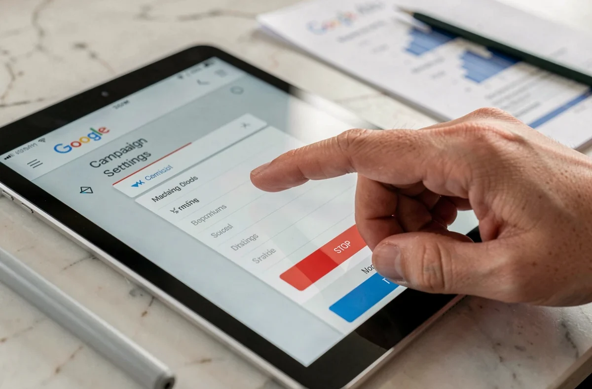 Gros plan sur une main arrêtant une campagne Google Ads sur une tablette tactile