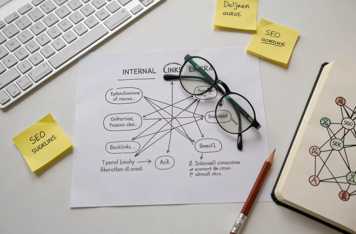 Vue aérienne d'un bureau avec une infographie imprimée comparant les liens internes et les backlinks, entourée d'un clavier, d'un cahier et de notes manuscrites sur le référencement SEO