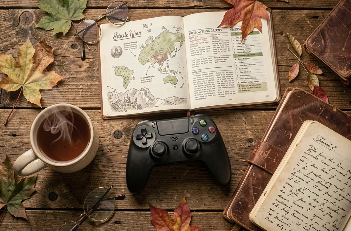 Vue du dessus d'une manette de jeu, guide stratégique et accessoires cosy evoquant les heures de jeu de Hogwarts Legacy