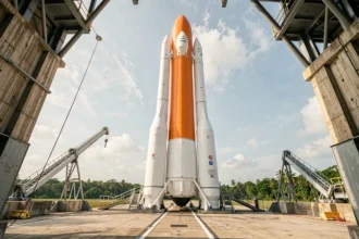 Fusée Ariane 5 sur son pas de tir en Guyane française, vue en plongée inversée depuis le sol