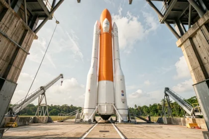 Fusée Ariane 5 sur son pas de tir en Guyane française, vue en plongée inversée depuis le sol