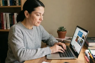 Une femme gérant son flux RSS sur un ordinateur portable dans un bureau à domicile