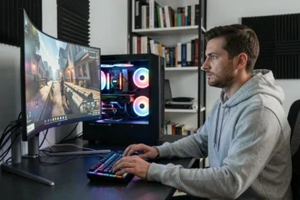 Joueur PC enthousiaste devant un écran 1440p 165 Hz avec une carte graphique haute performance dans un setup gaming moderne