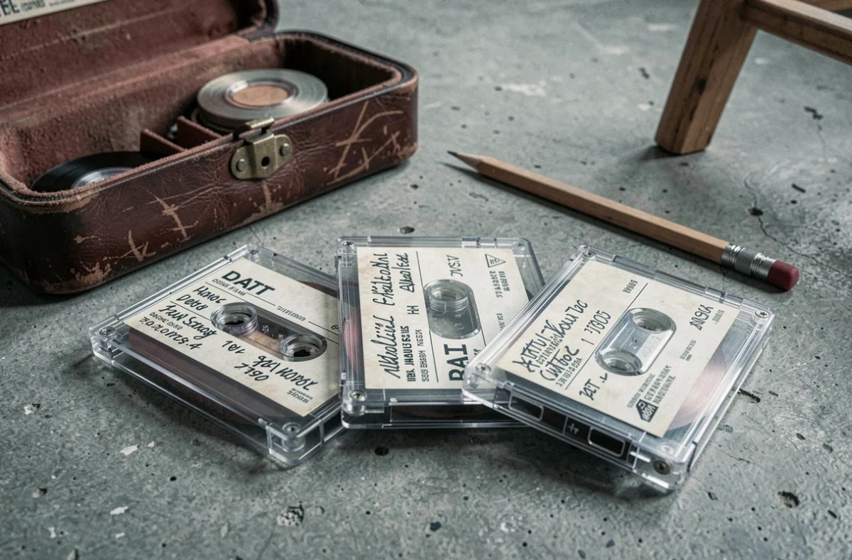 Gros plan sur des cassettes DAT avec étiquettes manuscrites posées sur une surface en béton
