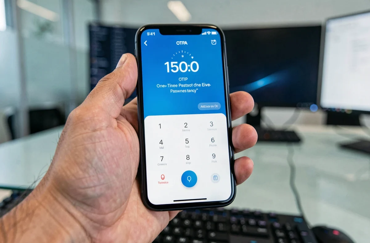 Gros plan d'une main tenant un smartphone affichant un mot de passe à usage unique pour l'authentification 2FA