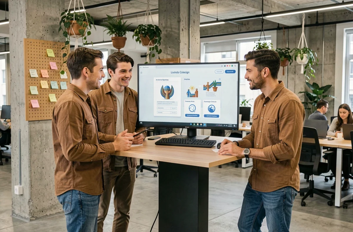 Groupe de professionnels discutant autour d'un écran montrant la plateforme IA Enki dans un espace de coworking moderne