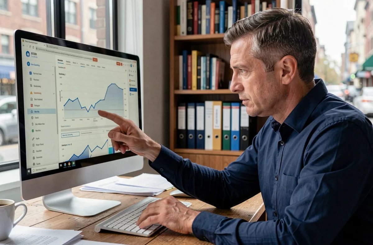 Homme analysant des statistiques d'e-mailing sur un grand écran dans un bureau à domicile, représentation des campagnes d'e-mail marketing
