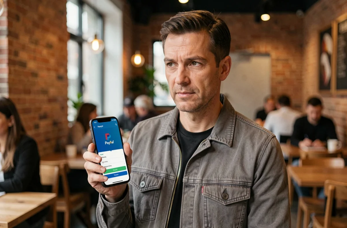 Homme utilisant l'application PayPal sur smartphone dans un café, illustrant la sécurité des paiements mobiles en ligne