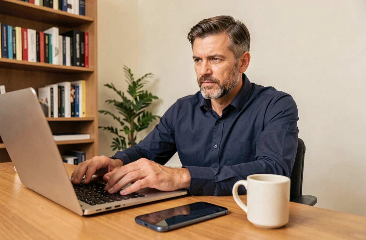 Homme travaillant sur ordinateur portable avec un smartphone Samsung Galaxy posé sur un bureau, illustrant l'utilisation de Galaxy AI