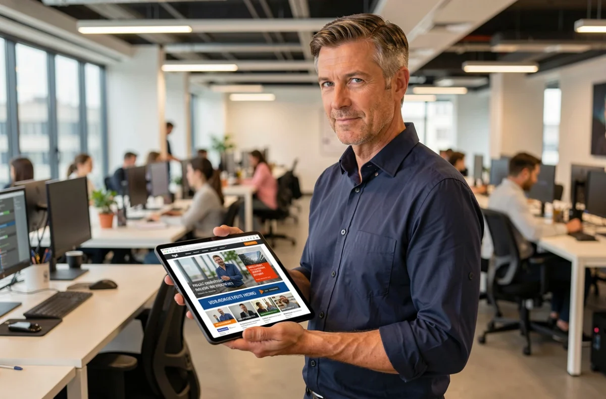 Homme en environnement professionnel consultant un site web avec des publicités programmatiques sur une tablette
