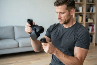 Homme tenant un casque VR autonome de nouvelle génération dans un salon moderne, illustrant les caractéristiques attendues du Meta Quest 4