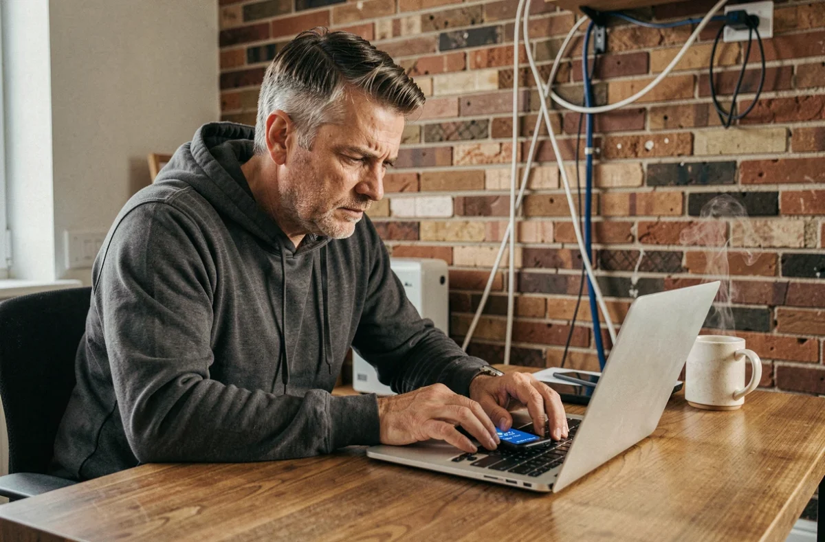 Homme en sweat gris saisissant un code 2FA sur son ordinateur portable dans un bureau à domicile