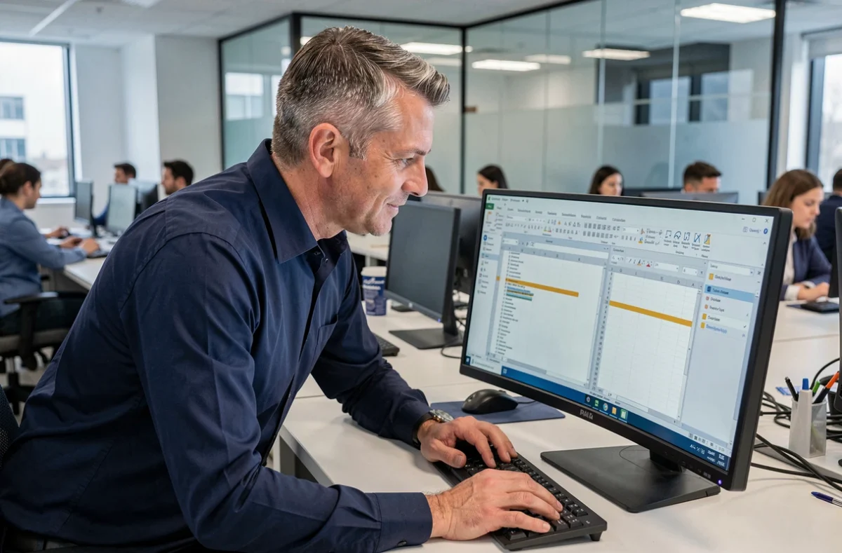 Homme comparant des fichiers Excel et LibreOffice Calc sur un écran d'ordinateur de bureau dans un open space professionnel