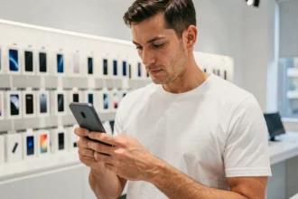 Homme tenant un smartphone Samsung Galaxy dans un magasin d'électronique pour comparer les modèles les plus conseillés