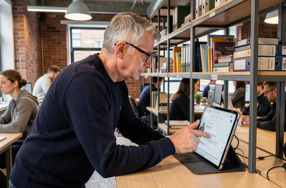 Homme en espace de co-working examinant une page de résultats Google sur une tablette numérique