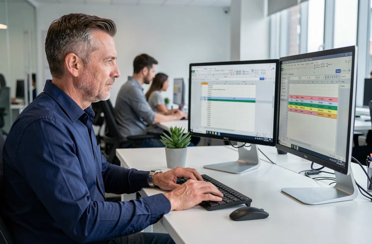 Homme créant un tableau à 3 colonnes sur ordinateur dans un bureau moderne