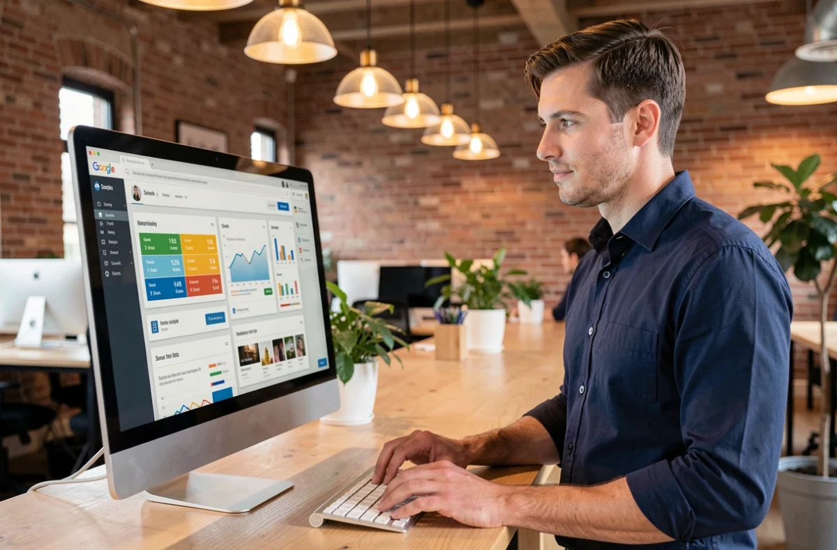 Homme consultant un tableau de bord d'emailing gratuit sur un grand écran dans un espace de coworking