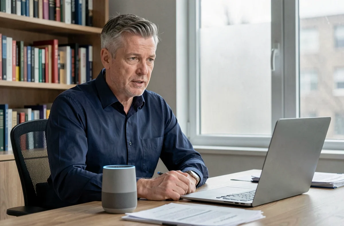 Homme interagissant avec une enceinte connectée pour une recherche vocale dans un bureau à domicile