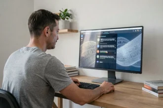 Homme utilisant une interface d'intelligence artificielle de type Enki sur un écran d'ordinateur dans un bureau minimaliste
