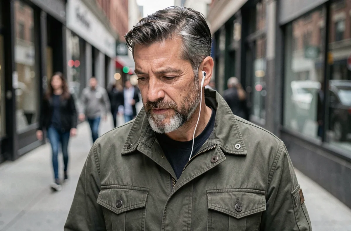 Homme écoutant un podcast dans la rue avec des écouteurs sans fil en milieu urbain