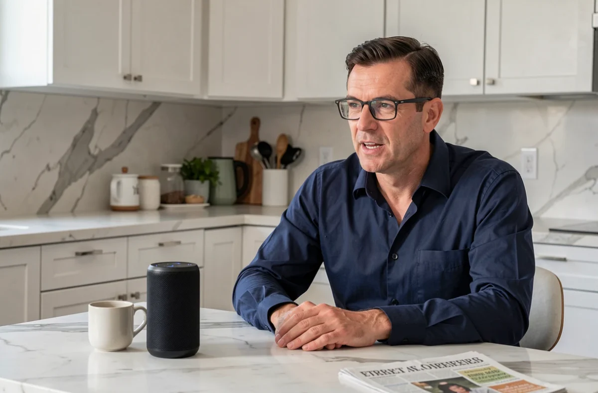 Homme activant la recherche vocale avec une enceinte intelligente dans une cuisine moderne