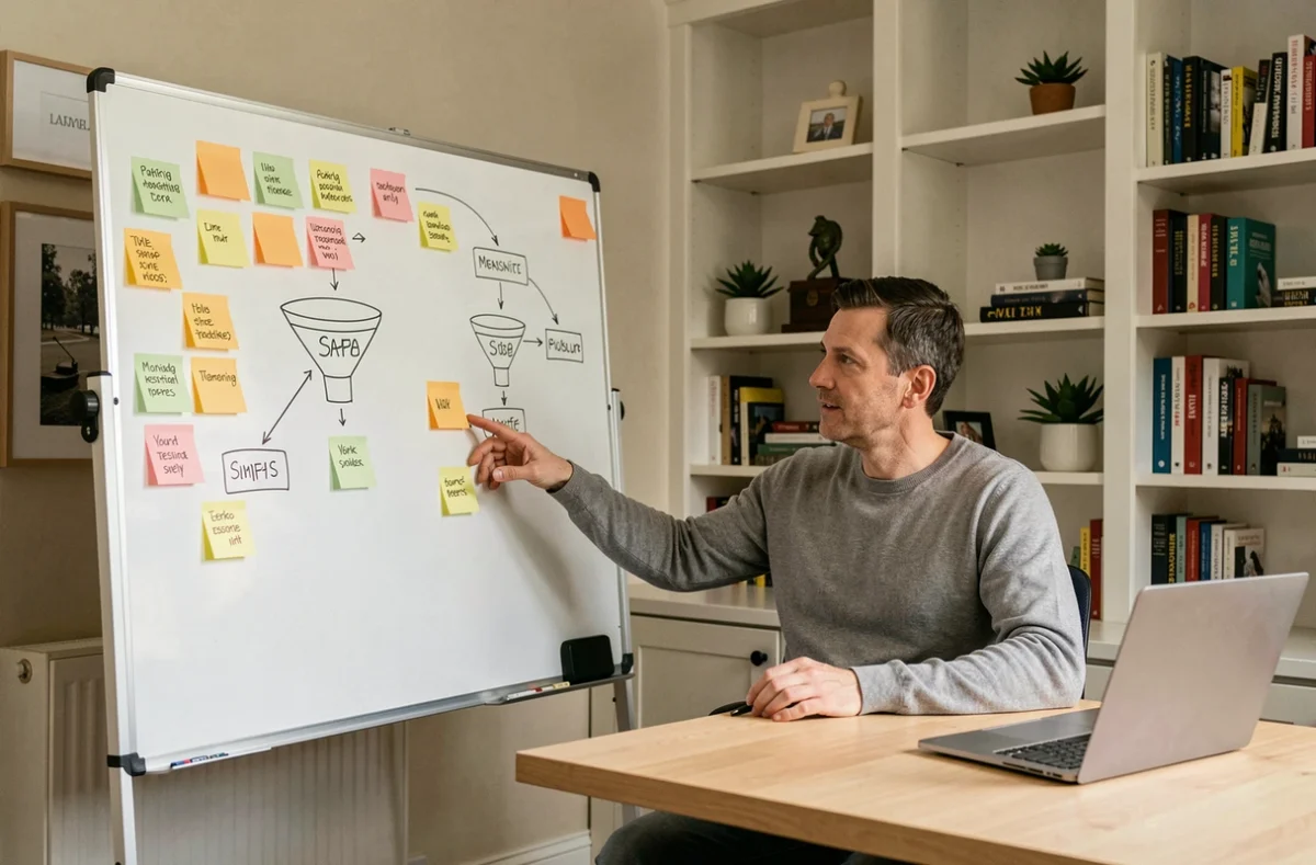 Homme en télétravail planifiant une stratégie d'automatisation marketing sur un tableau blanc