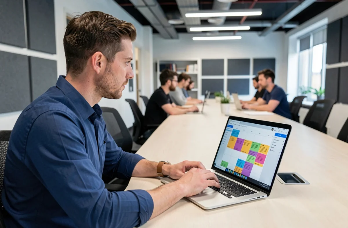 Homme en télétravail utilisant Timetree sur ordinateur portable pour gérer un calendrier partagé en espace de coworking