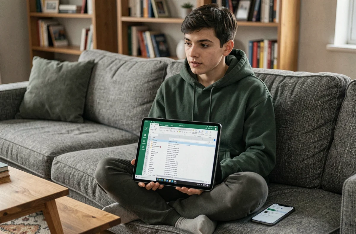 Jeune personne important un fichier CSV dans Excel sur une tablette depuis son canapé