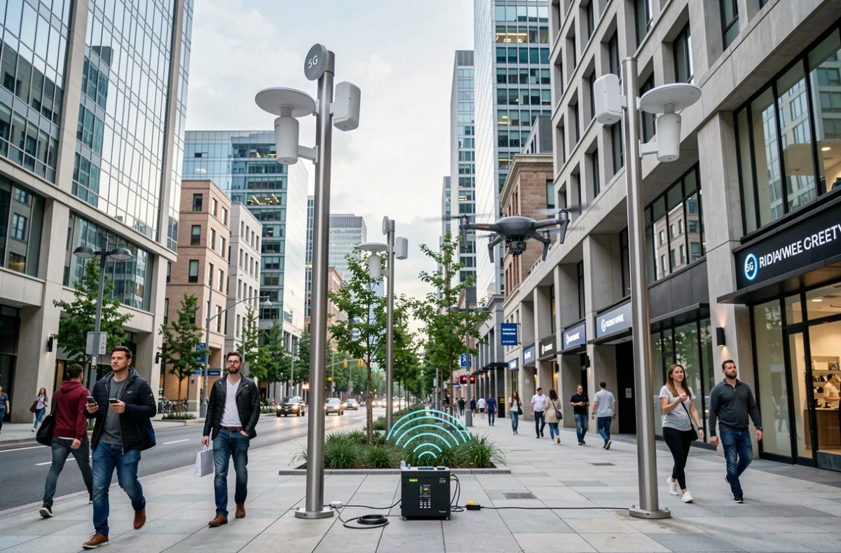 Infrastructure 5G et connectivité sans fil dans une rue de ville intelligente du futur